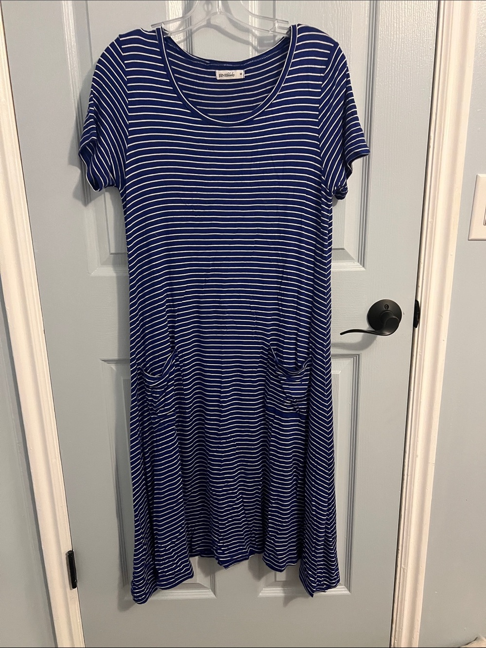 Women’s Blue and White Striped Short Sleeve Pocket Dress